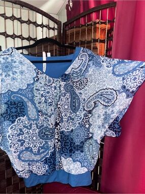 Blue Paisley Flutter-Sleeve Blouse